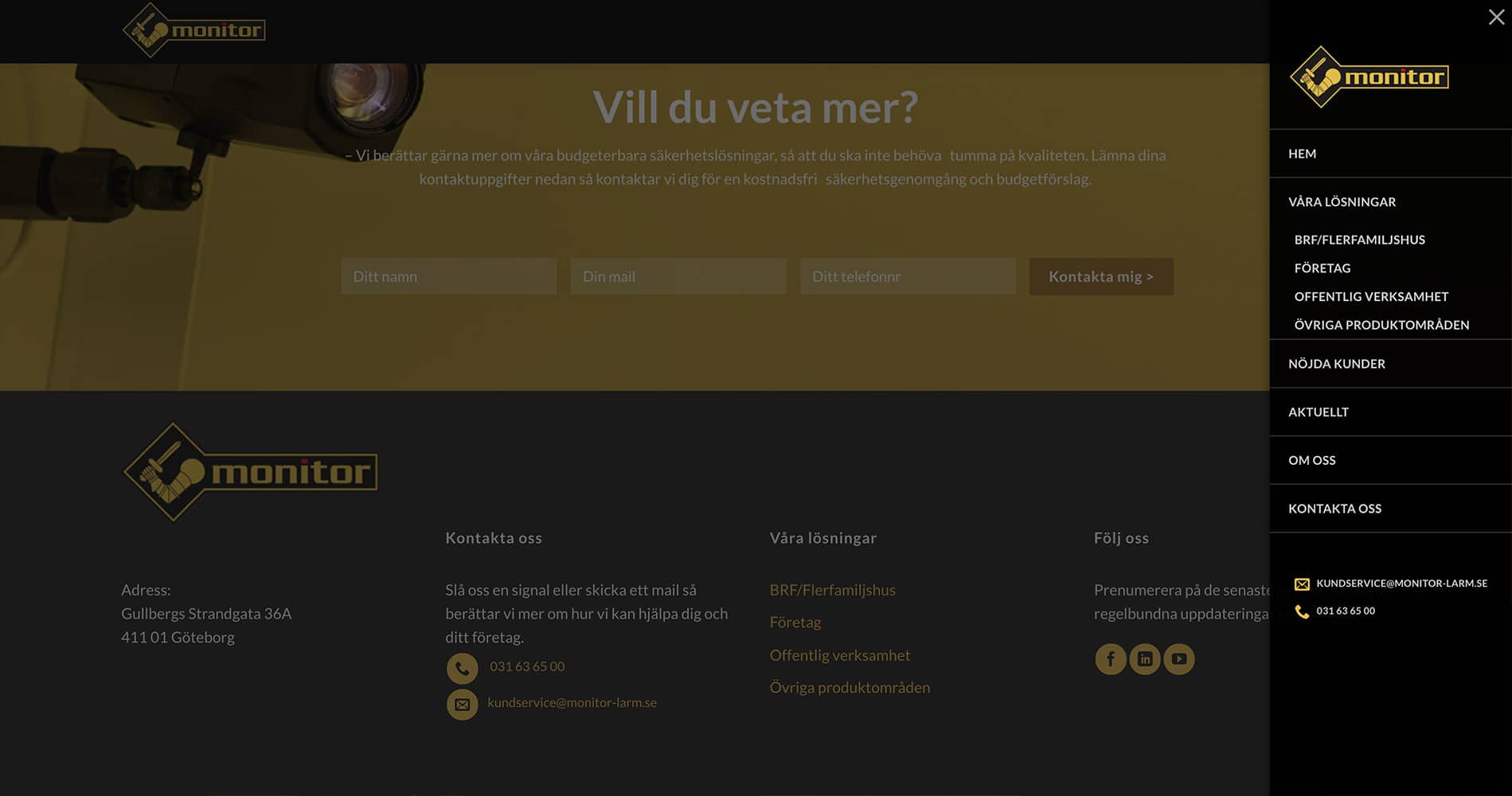 hemsida meny för larmtjänst
